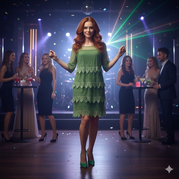 Badgley Mischka Dresses & Skirts - Badgley Mischka Green Sheer Lace Tiered Sequins Cocktail Dress LARGE NWT $145